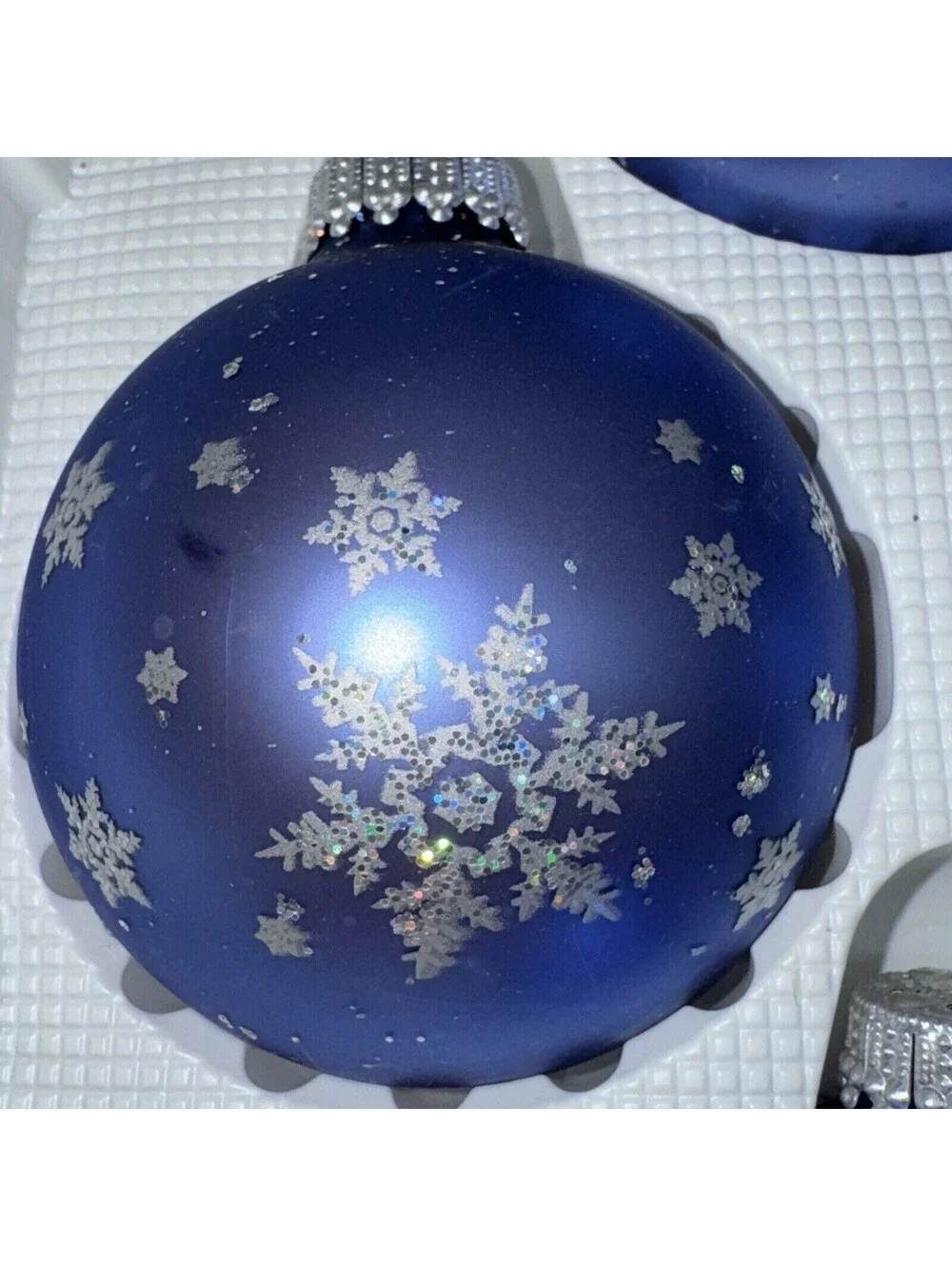 4 Vintage Christmas By Krebs Blue Glass Ball Ornament Silver Snowflake 2.5